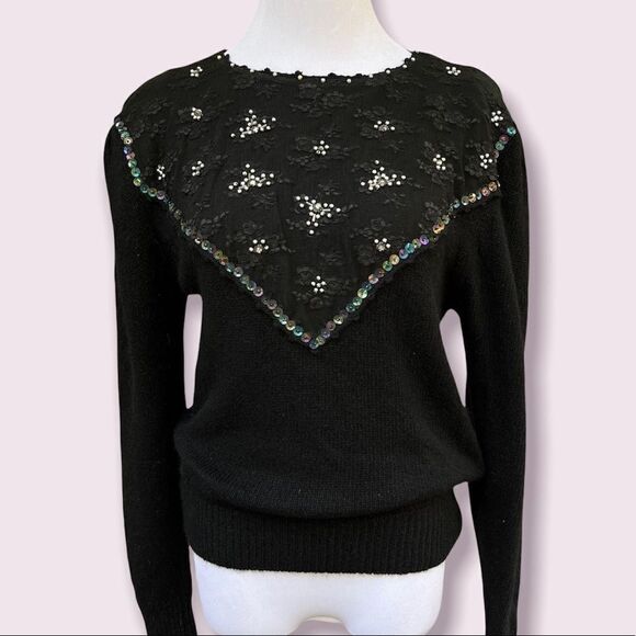 Vintage 80’s Silk/ Angora Embellished Fitted Sweater small - Picture 1 of 7